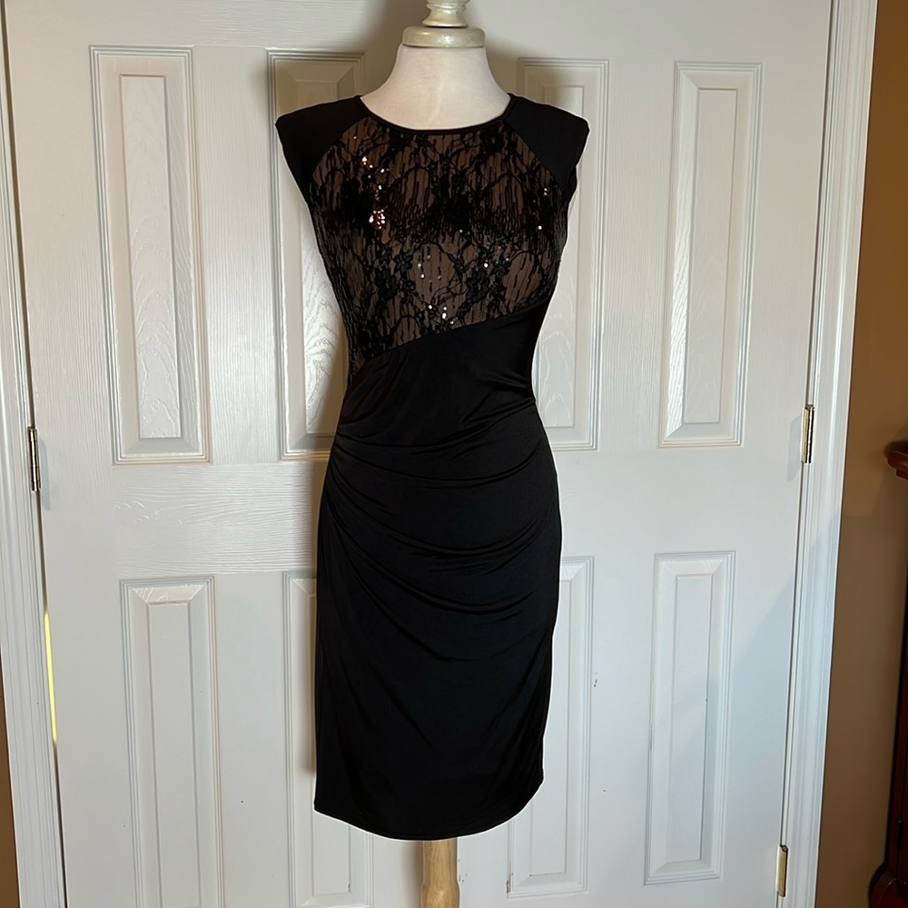 Anne Klein black dress with lace and sequin top and ruching SZ 6